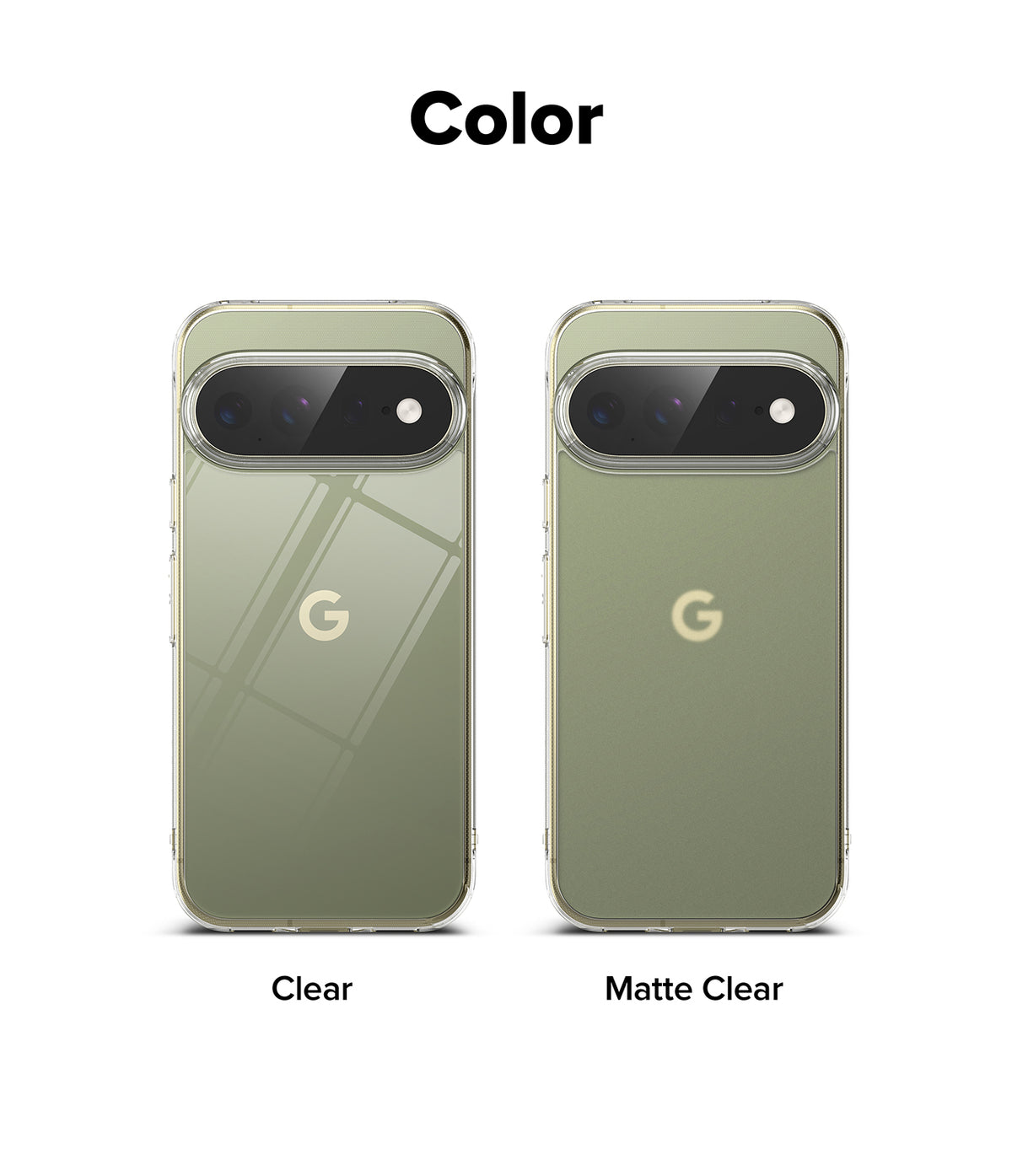 Pixel 11 Pro XL Case | Fusion - A color comparison graphic showing two smartphone back views on a white background, labeled 'Color' at the top. The left phone is labeled 'Clear' and shows a reflective light olive-green phone body with a visible Google 'G' logo.