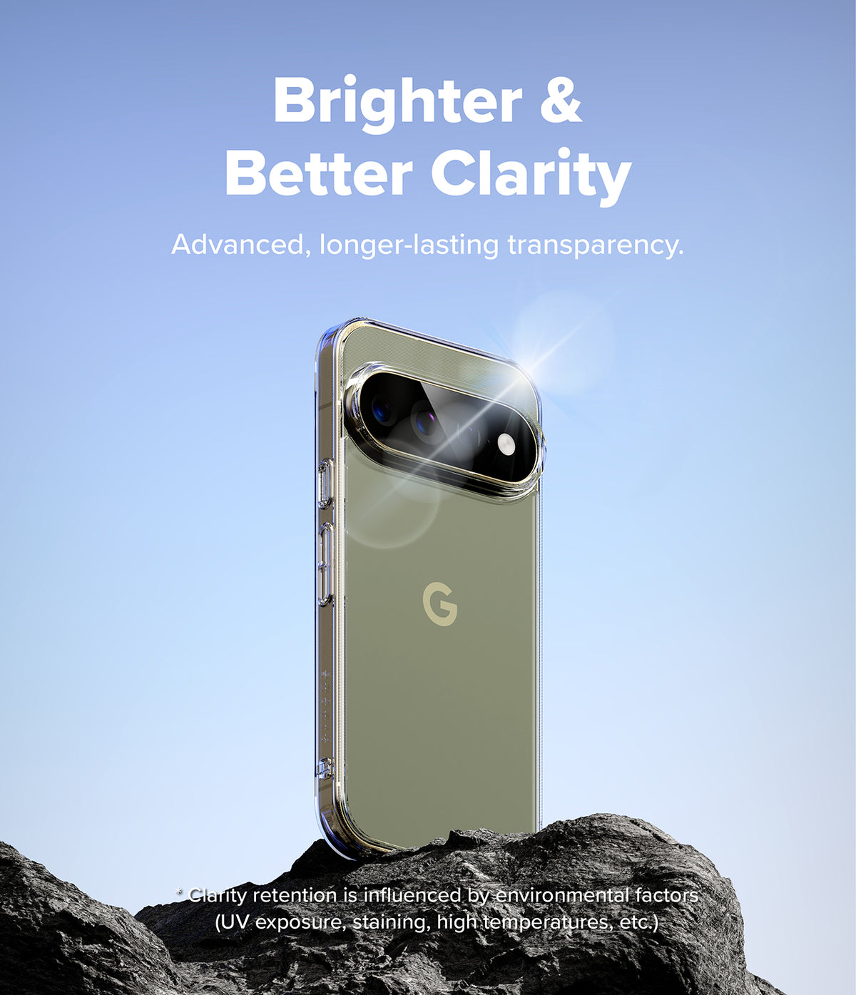 Pixel 11 Pro XL Case | Fusion - A clear smartphone case shown on a phone, standing on dark rocks against a light blue gradient background. White text at the top reads 'Brighter & Better Clarity' with smaller supporting text below, and small disclaimer text appears near the bottom.