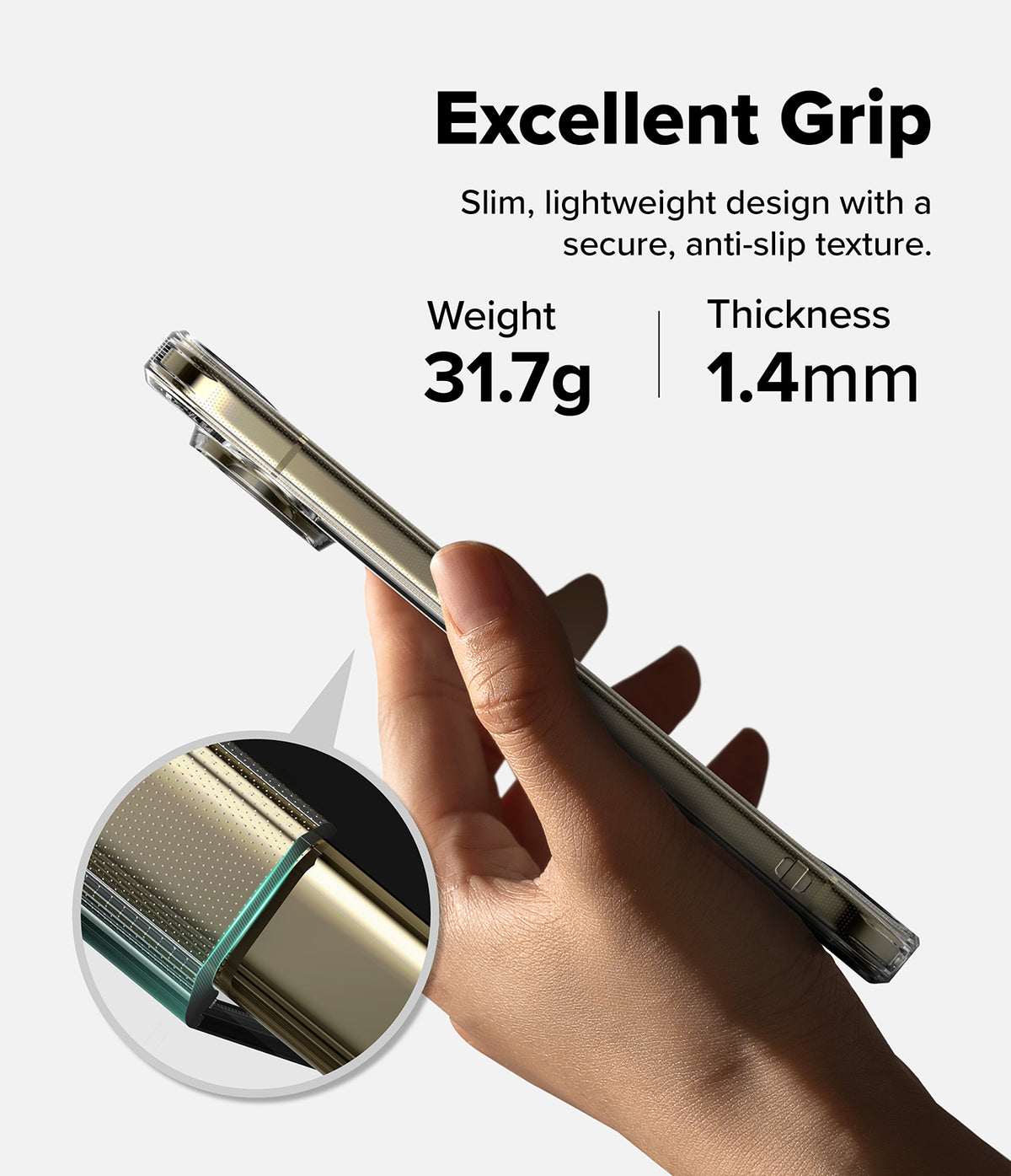 Pixel 11 Pro XL Case | Fusion - A hand holds a slim metallic phone case at an angle, with text reading 'Excellent Grip' and weight/thickness specs. A circular inset shows a close-up of the textured grip edge.