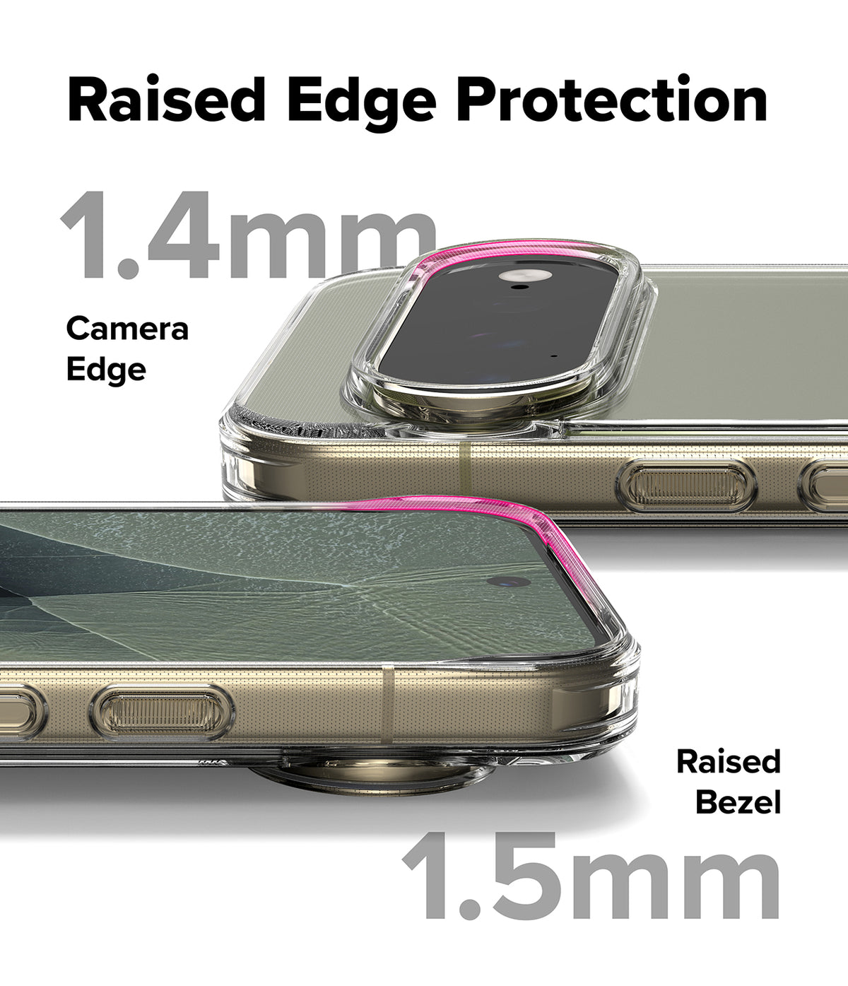 Pixel 11 Pro XL Case | Fusion - Transparent phone case with raised edge protection shown on a smartphone, with text labels indicating 1.4mm camera edge protection and 1.