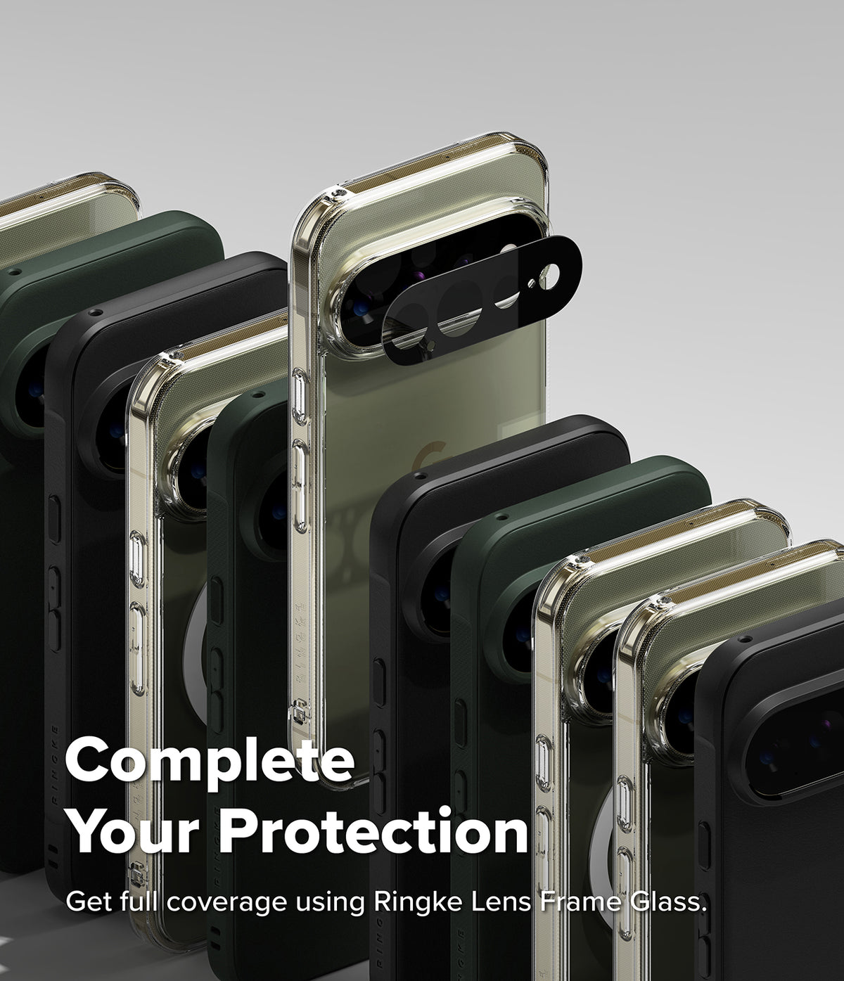Pixel 11 Pro XL Case | Fusion - A promotional product shot showing multiple smartphone cases arranged in a fan-like stack, with a black Ringke lens frame accessory attached to the front case. Large text reads 'Complete Your Protection' and 'Get full coverage using Ringke Lens Frame Glass.
