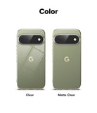 Pixel 11 Pro XL Case | Fusion Matte - A color comparison graphic showing two smartphone back views on a white background, labeled 'Color' at the top. The left phone is labeled 'Clear' and shows a reflective light olive-green phone body with a visible Google 'G' logo.