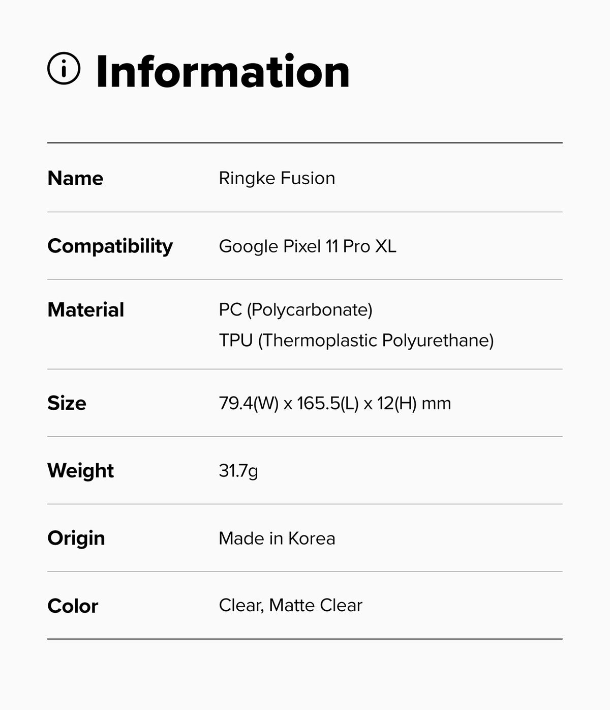 Pixel 11 Pro XL Case | Fusion Matte - Product information card for Ringke Fusion case with specifications on a white background