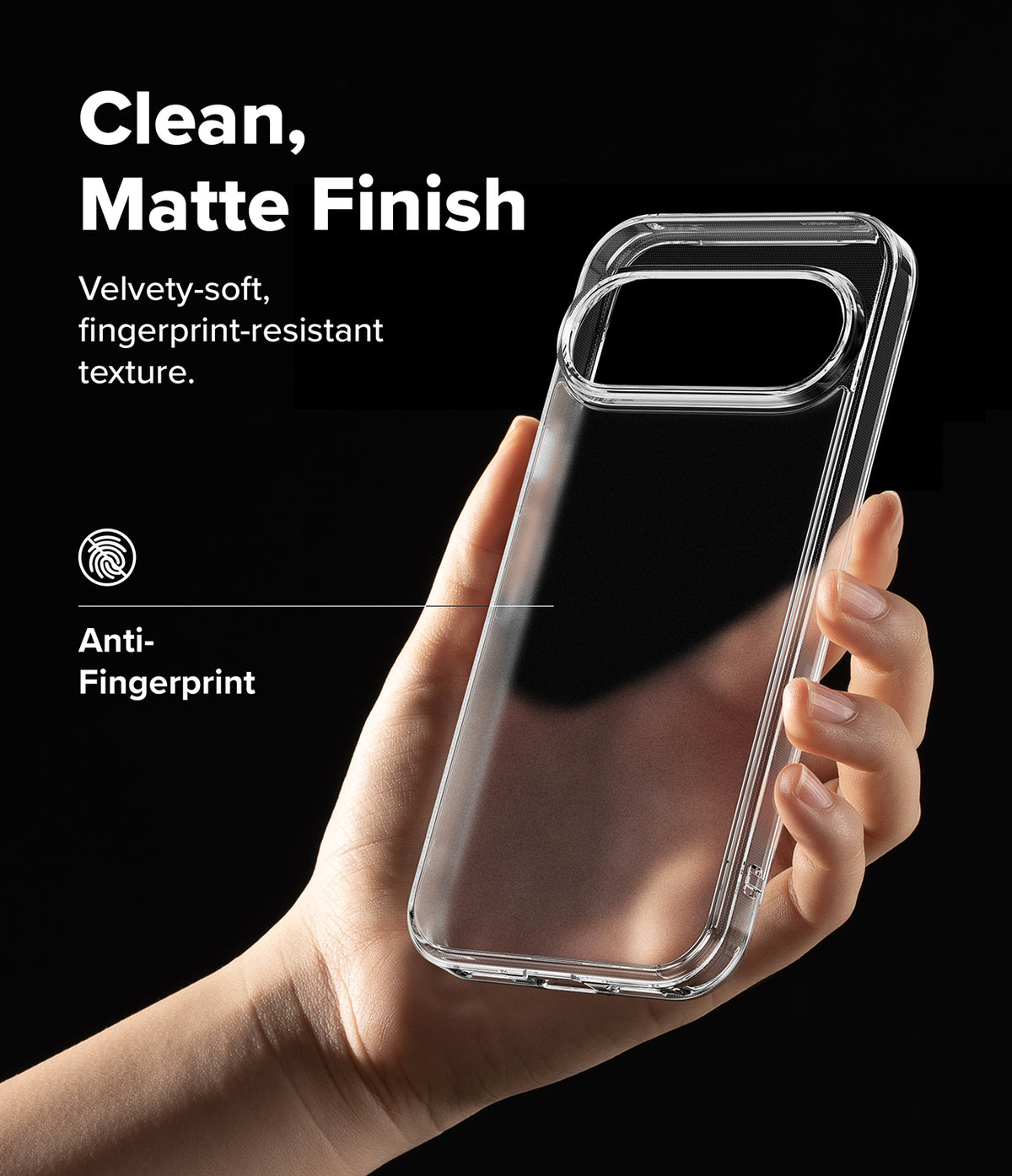 Pixel 11 Pro XL Case | Fusion Matte - A hand holding a clear, transparent phone case with a matte finish against a solid black background, with promotional text highlighting its clean, fingerprint-resistant texture.