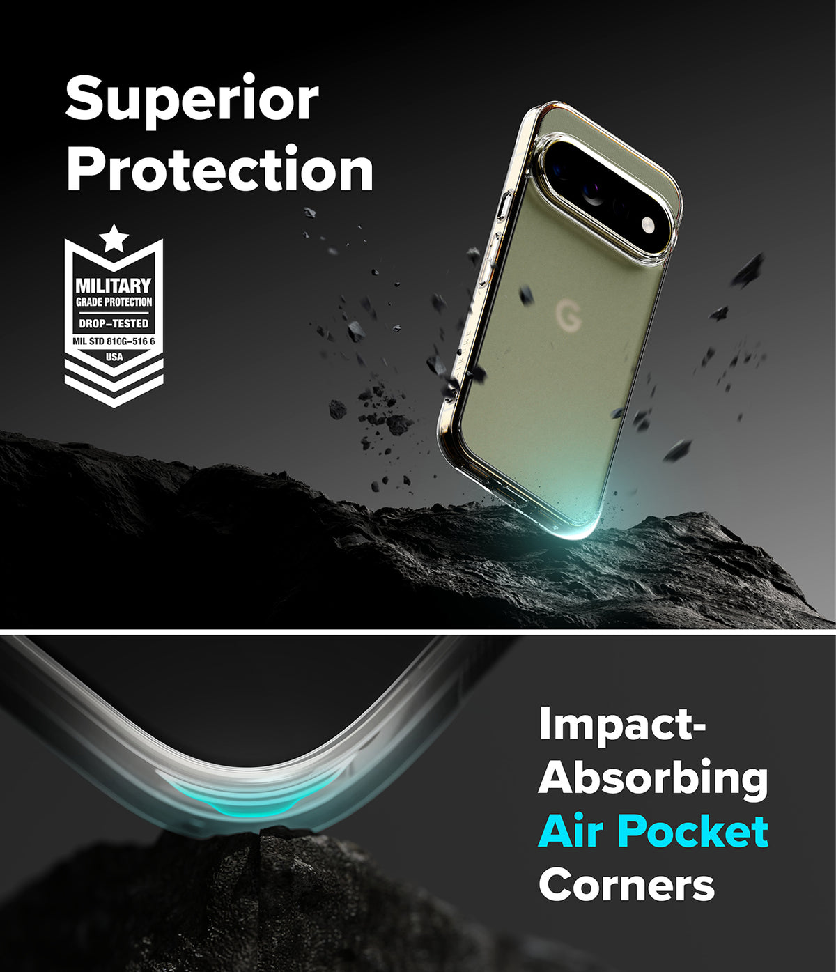 Pixel 11 Pro XL Case | Fusion Matte - A transparent protective phone case with a metallic silver edge is shown floating above dark rocky terrain. The image includes marketing text reading 'Superior Protection,' a military-grade badge, and 'Impact-Absorbing Air Pocket Corners,' with a close-up of the curved transparent corner area glowing with a cyan effect.