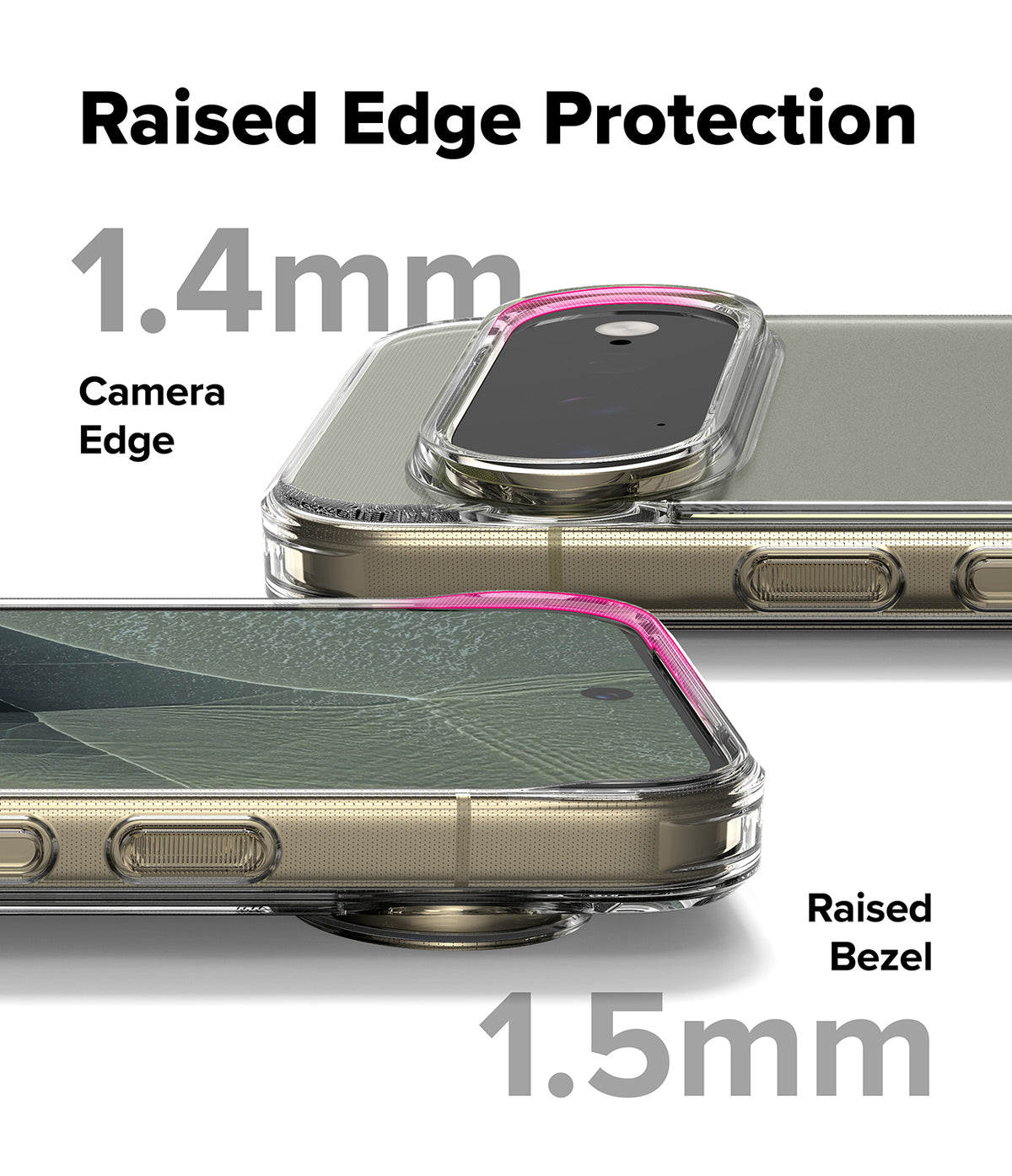 Pixel 11 Pro XL Case | Fusion Matte - Transparent phone case with raised edge protection shown on a smartphone, with text labels indicating 1.4mm camera edge protection and 1.