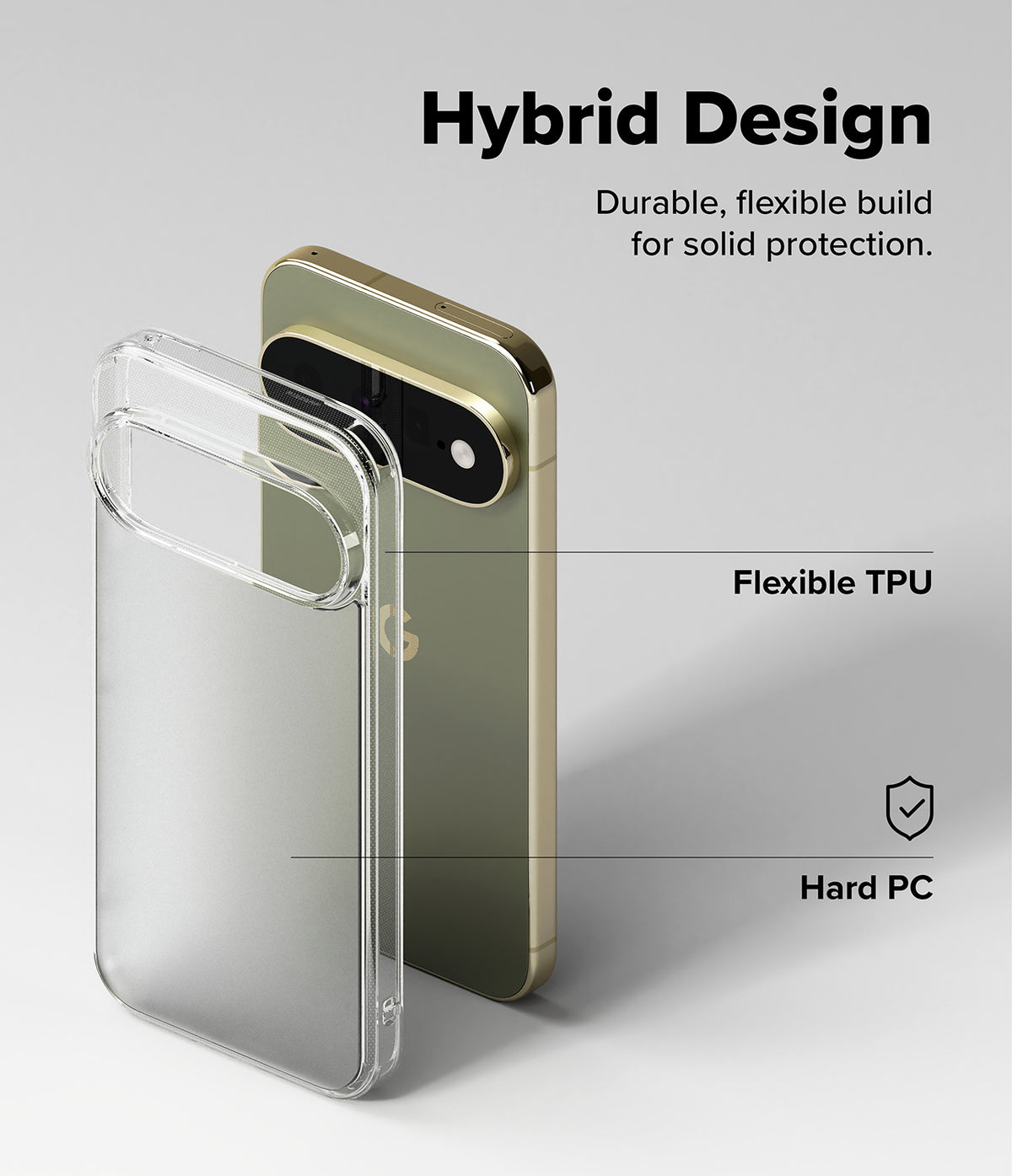 Pixel 11 Pro XL Case | Fusion Matte - A clear hybrid phone case shown over a gold smartphone on a light gray background, with text reading 'Hybrid Design,' 'Flexible TPU,' and 'Hard PC' to explain the product features.