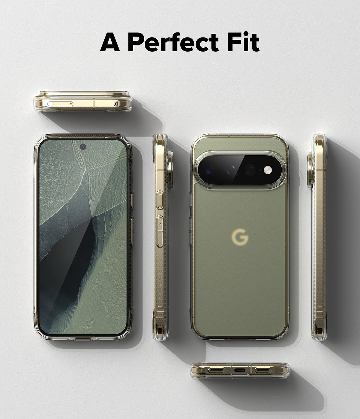 Pixel 11 Pro XL Case | Fusion Matte - A clear smartphone case shown on a phone from multiple angles, with the back view featuring a muted sage green tint and a gold Google 'G' logo. The text 'A Perfect Fit' appears at the top on a light gray background.