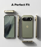 Pixel 11 Pro XL Case | Fusion Matte - A clear smartphone case shown on a phone from multiple angles, with the back view featuring a muted sage green tint and a gold Google 'G' logo. The text 'A Perfect Fit' appears at the top on a light gray background.