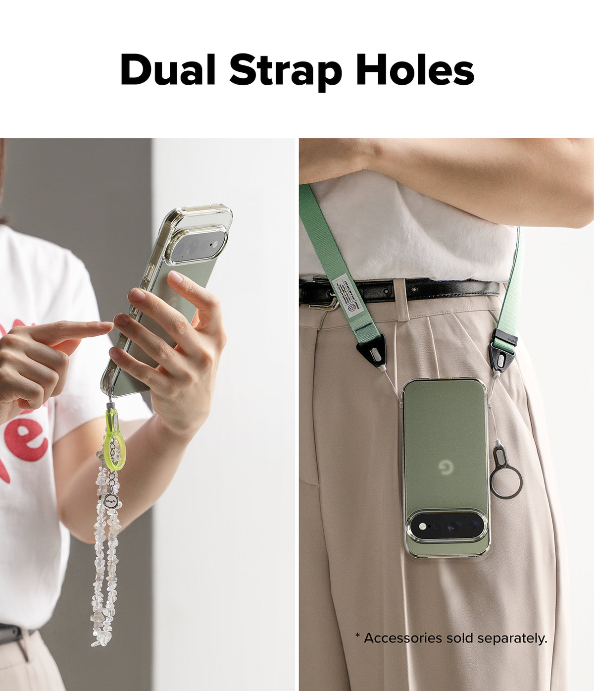 Pixel 11 Pro XL Case | Fusion Matte - A split-panel product demonstration showing a phone with a green wrist strap and charm on the left, and the same phone hanging from a green shoulder strap at the waist on the right. Large text at the top reads 'Dual Strap Holes' and a small note says accessories sold separately.