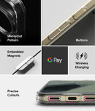 Google Pixel 11 Pro XL Case | Fusion Magnetic - A 5-panel product feature collage for a clear smartphone case. The panels show close-ups of the case on a phone: a black panel with a Micro-Dot Pattern label, a gold-toned side with Buttons label, a white panel with Embedded Magnets label, a dark gray panel with Google Pay and Wireless Charging label, and a white panel with Precise Cutouts label.