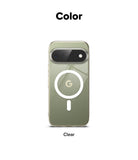 Google Pixel 11 Pro XL Case | Fusion Magnetic - A clear phone case shown on a smartphone against a white background, with the word 'Color' above and 'Clear' below. The case appears transparent with a light olive-green tint and a white MagSafe ring graphic printed on the back.