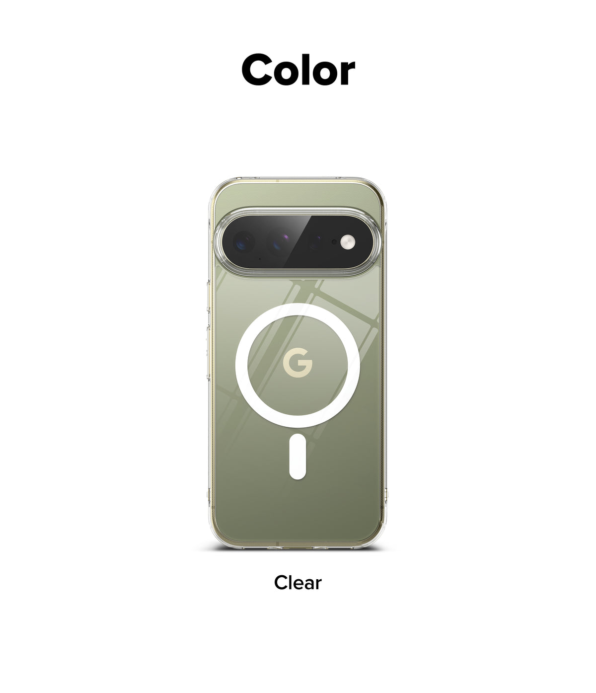 Google Pixel 11 Pro XL Case | Fusion Magnetic - A clear phone case shown on a smartphone against a white background, with the word 'Color' above and 'Clear' below. The case appears transparent with a light olive-green tint and a white MagSafe ring graphic printed on the back.