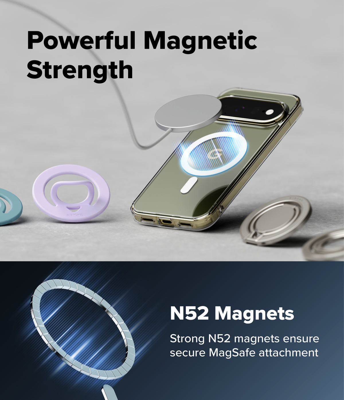Google Pixel 11 Pro XL Case | Fusion Magnetic - A promotional graphic for magnetic phone accessories showing a smartphone with a circular MagSafe-style ring attached, plus several loose magnetic rings in different colors. Text reads 'Powerful Magnetic Strength' and 'N52 Magnets Strong N52 magnets ensure secure MagSafe attachment.