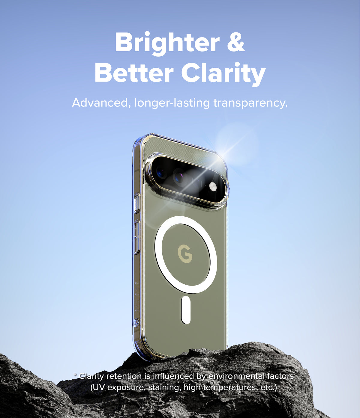Google Pixel 11 Pro XL Case | Fusion Magnetic - A clear MagSafe-compatible phone case shown on a smartphone, standing on dark rocks against a light blue sky. White text at the top reads 'Brighter & Better Clarity' with smaller text below about transparency, and small disclaimer text appears near the bottom.