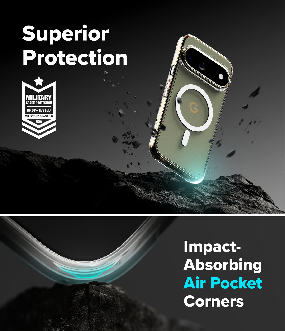 Google Pixel 11 Pro XL Case | Fusion Magnetic - A transparent protective phone case with a metallic silver edge is shown floating above dark rocky terrain. The image includes marketing text reading 'Superior Protection,' a military-grade badge, and 'Impact-Absorbing Air Pocket Corners,' with a close-up of the curved transparent corner area glowing with a cyan effect.