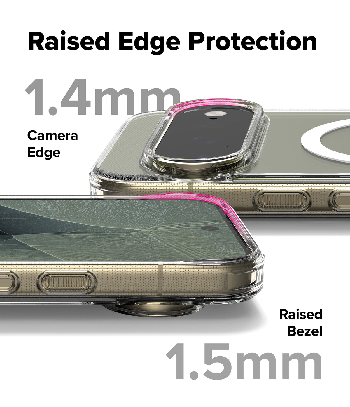 Google Pixel 11 Pro XL Case | Fusion Magnetic - Transparent phone case with raised camera edge protection shown on a smartphone, with text labels indicating 1.4mm camera edge and 1.