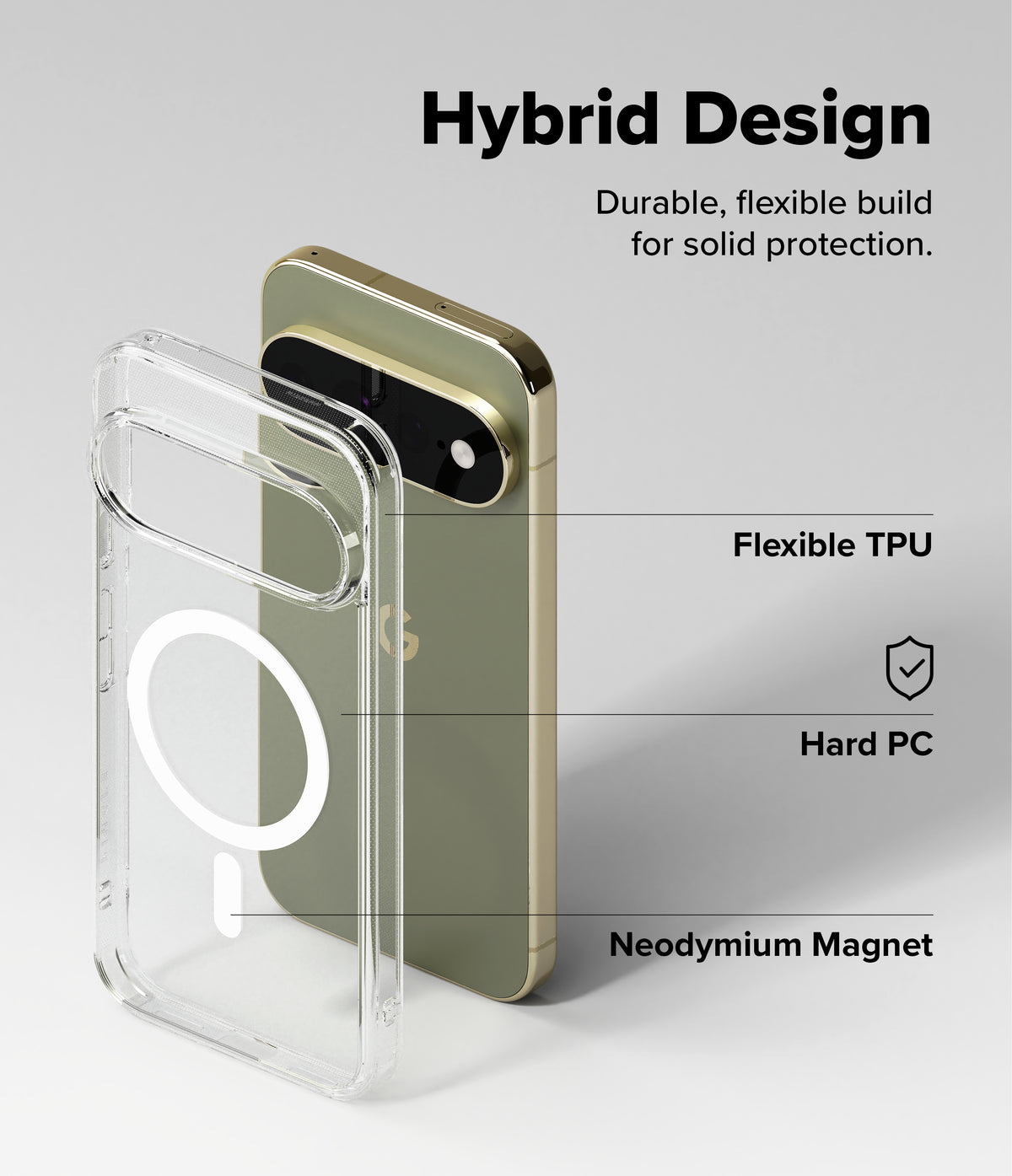 Google Pixel 11 Pro XL Case | Fusion Magnetic - Clear hybrid phone case shown beside a gold smartphone on a light gray background, with text reading 'Hybrid Design' and callouts for Flexible TPU, Hard PC, and Neodymium Magnet.