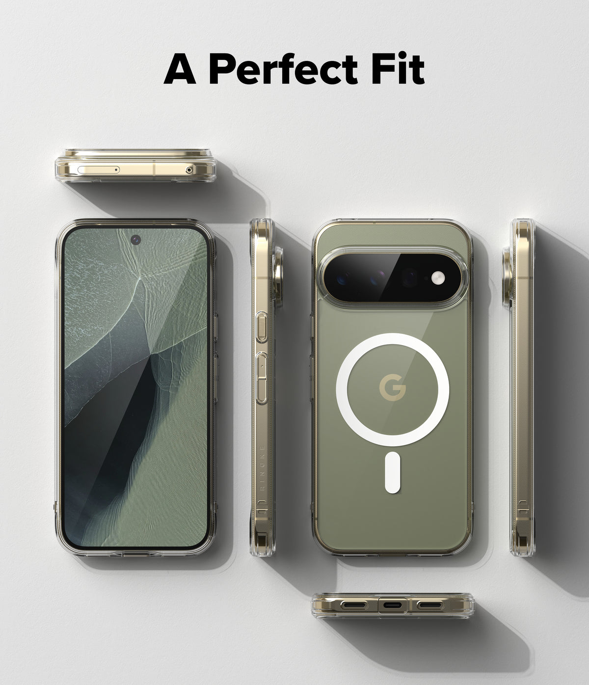 Google Pixel 11 Pro XL Case | Fusion Magnetic - A clear protective phone case shown from multiple angles on a smartphone, with the back view featuring a white MagSafe-style ring and a gold-toned 'G' logo. The text 'A Perfect Fit' appears at the top on a light gray background.