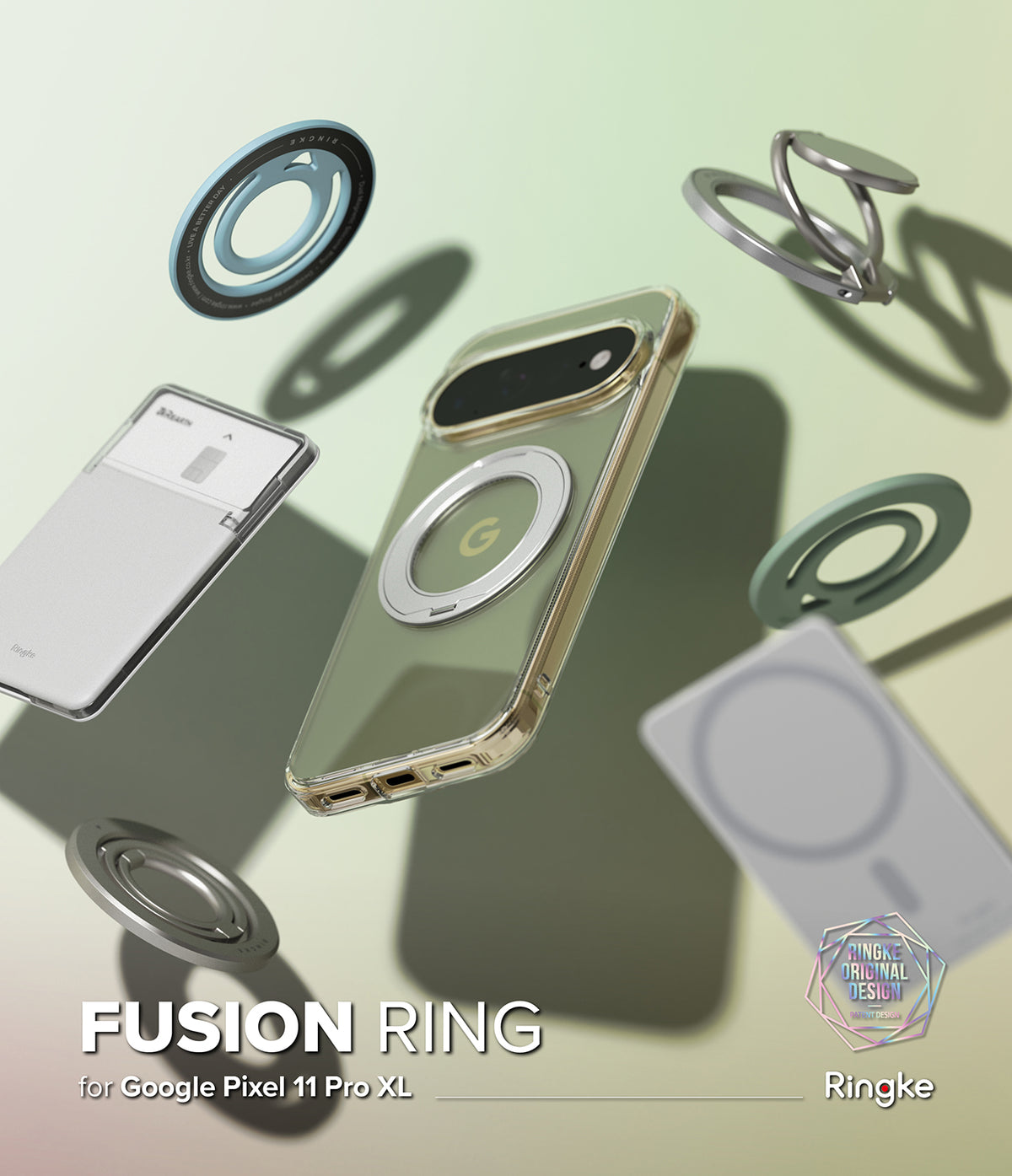 Google Pixel 11 Pro XL Case | Fusion Ring - A floating product render of a transparent phone case with a built-in metallic ring stand, shown on a phone mockup. Other ring stand angles and a white card-like accessory are floating around it on a pale green gradient background.