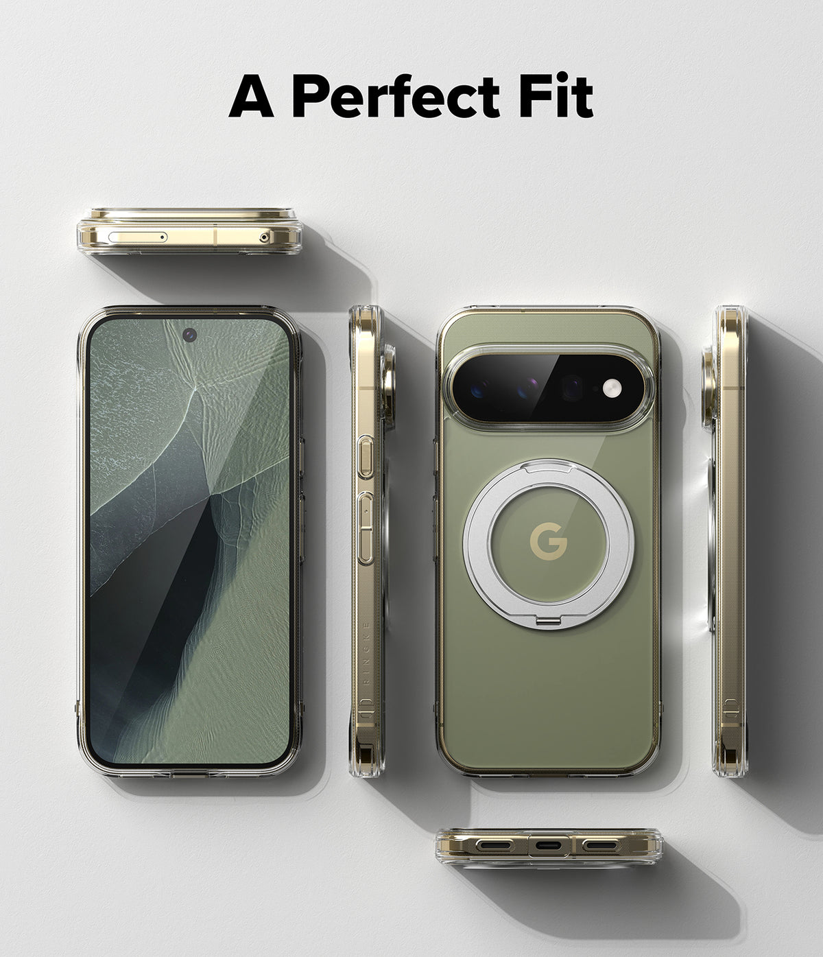 Google Pixel 11 Pro XL Case | Fusion Ring - A phone case shown from multiple angles on a light gray background, with the text 'A Perfect Fit' at the top. The case is olive green on the back with a silver MagSafe ring, and the phone inside has a cracked screen display.