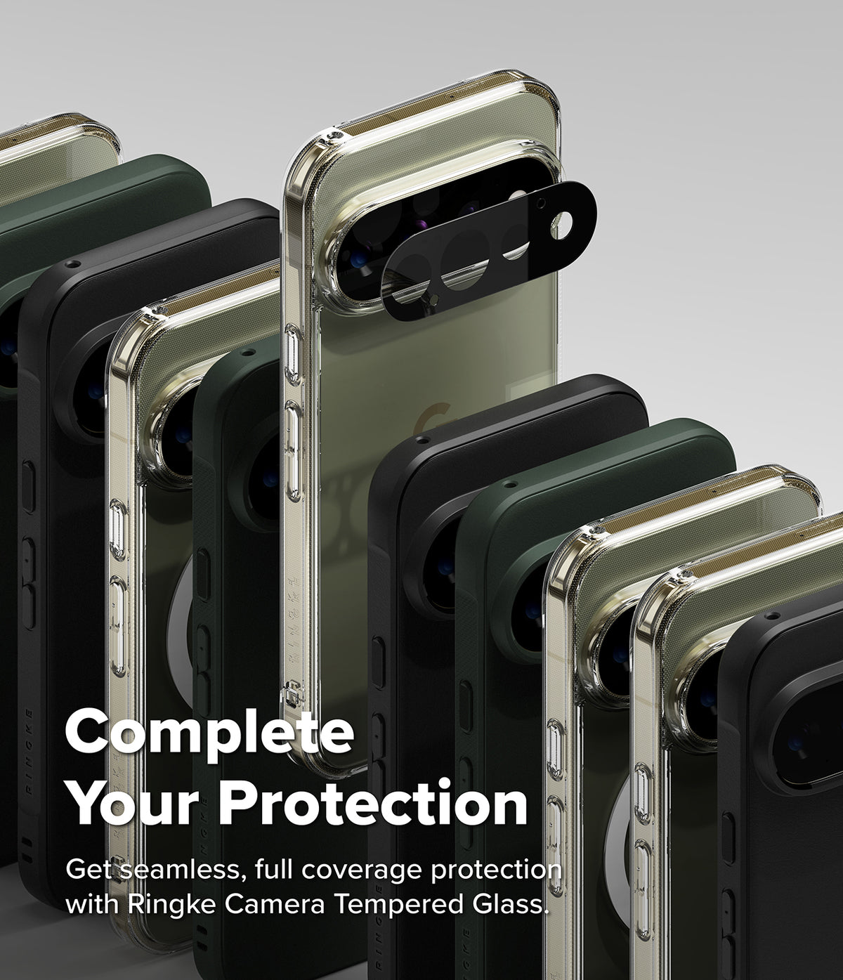 Google Pixel 11 Pro XL Case | Fusion Ring - A promotional product image showing multiple smartphone cases in different colors arranged in a fan-like layout, with a black camera protector accessory attached to the central case. Large text reads, 'Complete Your Protection' and 'Get seamless, full coverage protection with Ringke Camera Tempered Glass.