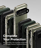 Google Pixel 11 Pro XL Case | Fusion Ring - A promotional product image showing multiple smartphone cases in different colors arranged in a fan-like layout, with a black camera protector accessory attached to the central case. Large text reads, 'Complete Your Protection' and 'Get seamless, full coverage protection with Ringke Camera Tempered Glass.