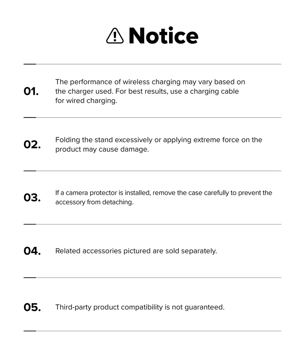 Google Pixel 11 Pro XL Case | Fusion Ring - A white digital notice sheet with black text outlining five important warnings and tips for using a wireless charging stand, including compatibility and care instructions.