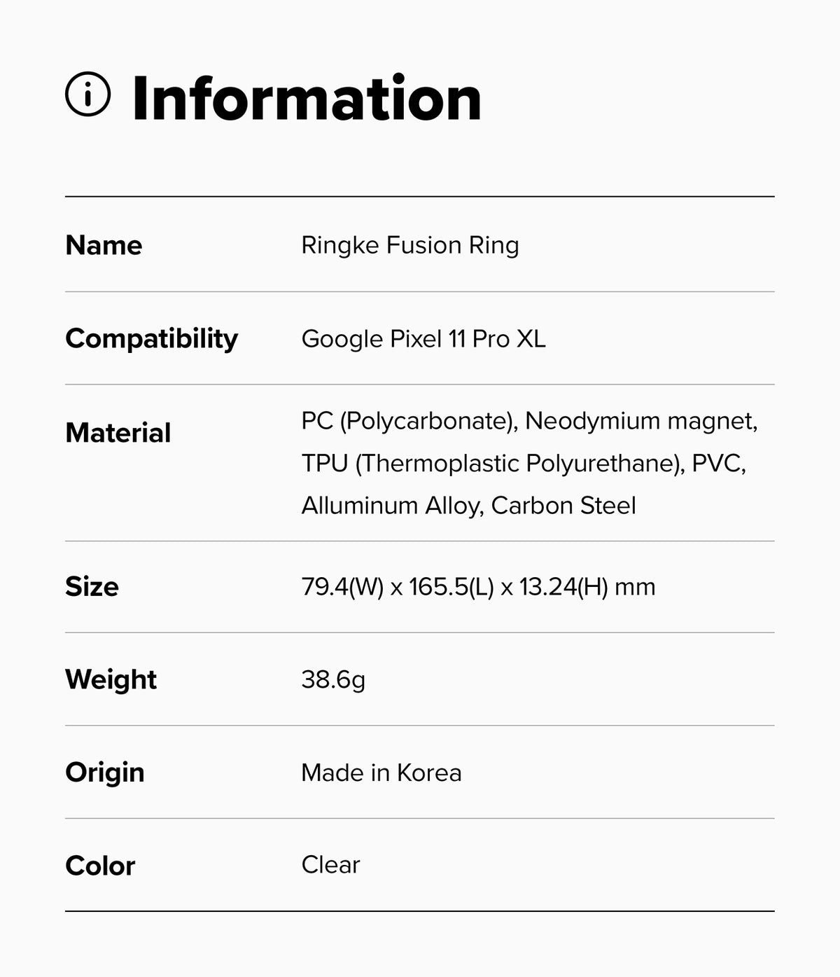 Google Pixel 11 Pro XL Case | Fusion Ring - A black and white specification sheet showing product information for a Ringke Alles case compatible with the Galaxy Z Fold8 Ultra. The table lists material, size, weight, and origin, with the color specified as Black.