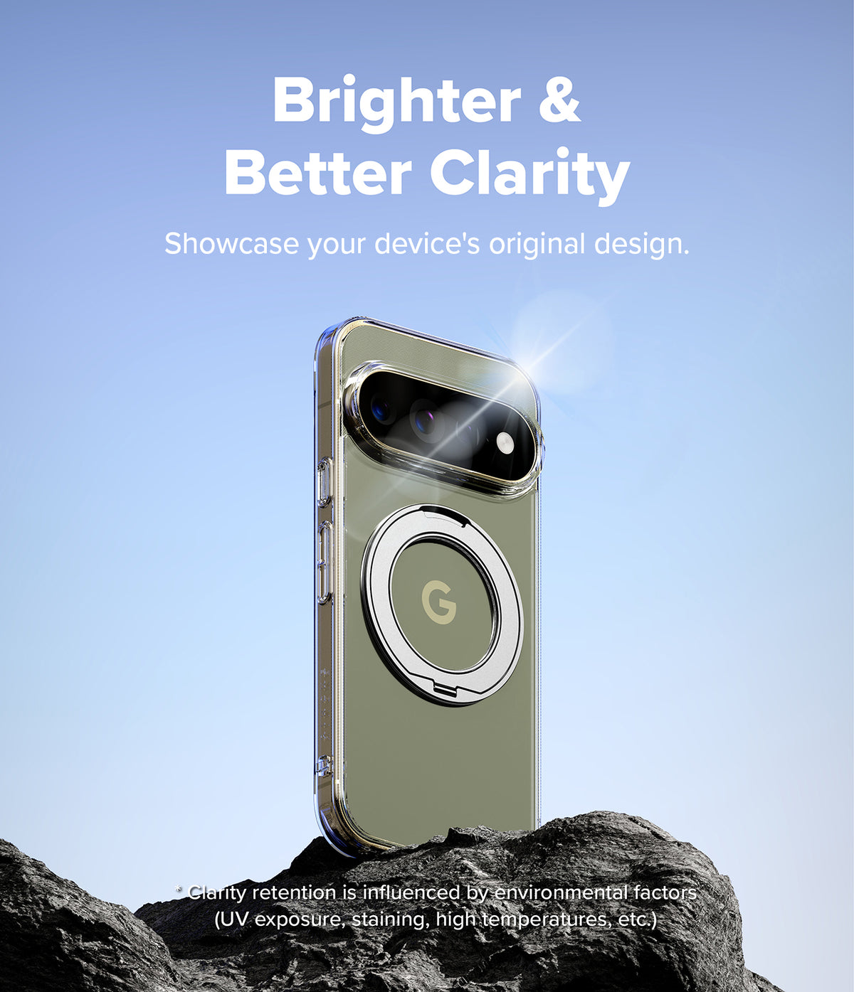 Google Pixel 11 Pro XL Case | Fusion Ring - A clear smartphone case with a metallic olive-green back panel and a circular MagSafe ring, shown standing on dark rocks against a blue sky. White text at the top reads 'Brighter & Better Clarity' and 'Showcase your device's original design.