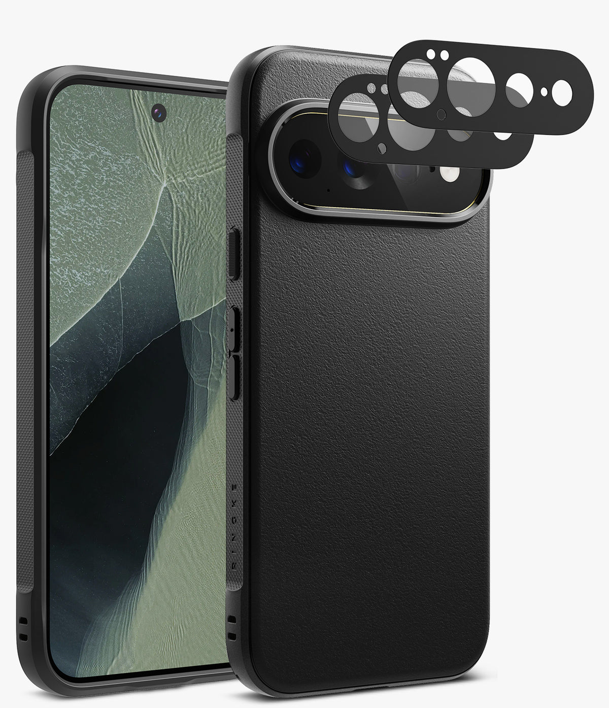 [Bundle] Google Pixel 11 Pro XL | Onyx (BK) + Camera Protectors - Black textured phone case shown from the front and back, with three black camera lens protectors floating above the rear camera area on a light gray background.