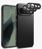 [Bundle] Google Pixel 11 Pro XL | Onyx (BK) + Camera Protectors - Black textured phone case shown from the front and back, with three black camera lens protectors floating above the rear camera area on a light gray background.