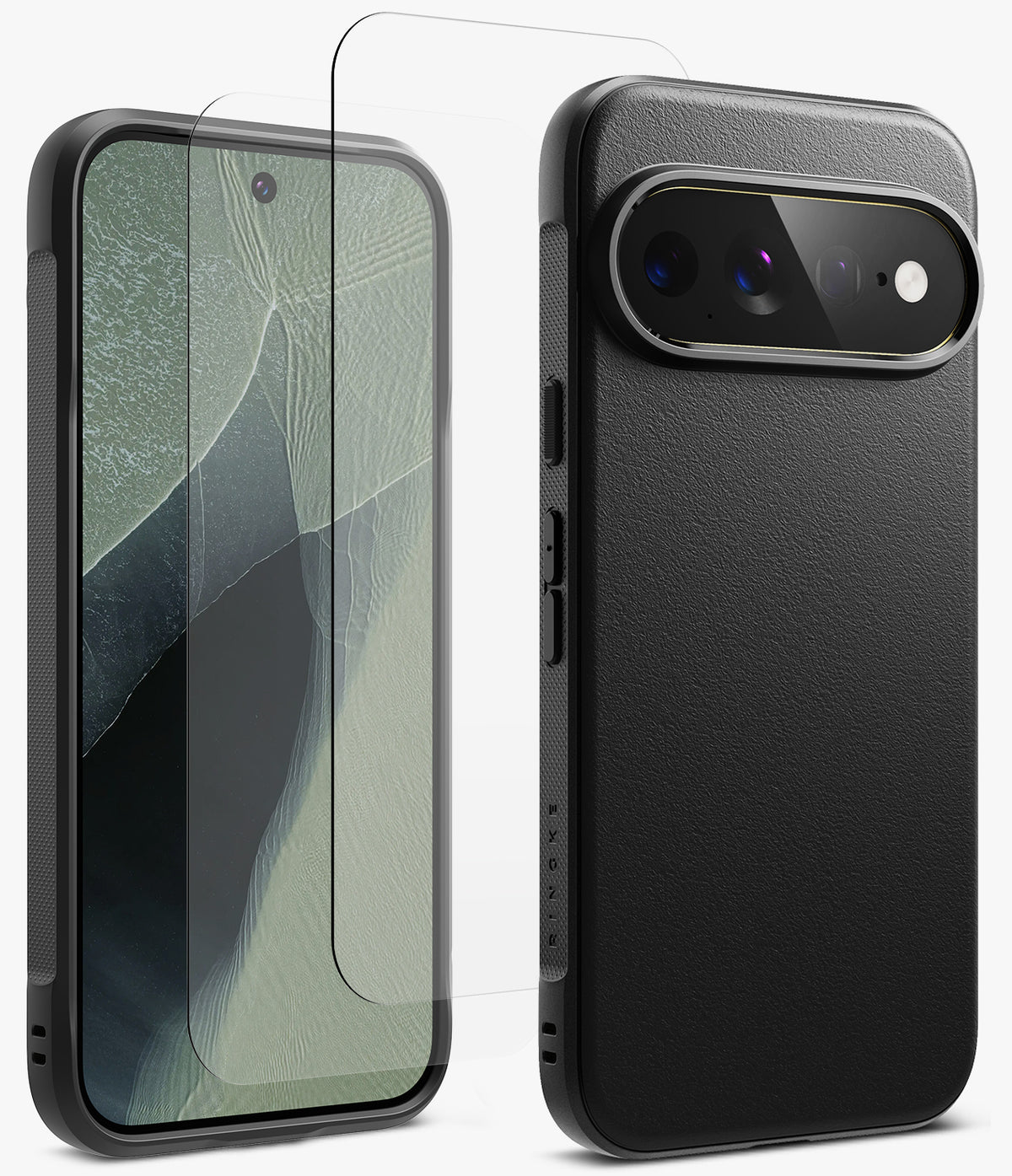 [Bundle] Google Pixel 11 Pro XL | Onyx (BK) + Screen Protectors - A black textured phone case shown from the back alongside a clear tempered glass screen protector, displayed on a smartphone mockup against a clean white background.