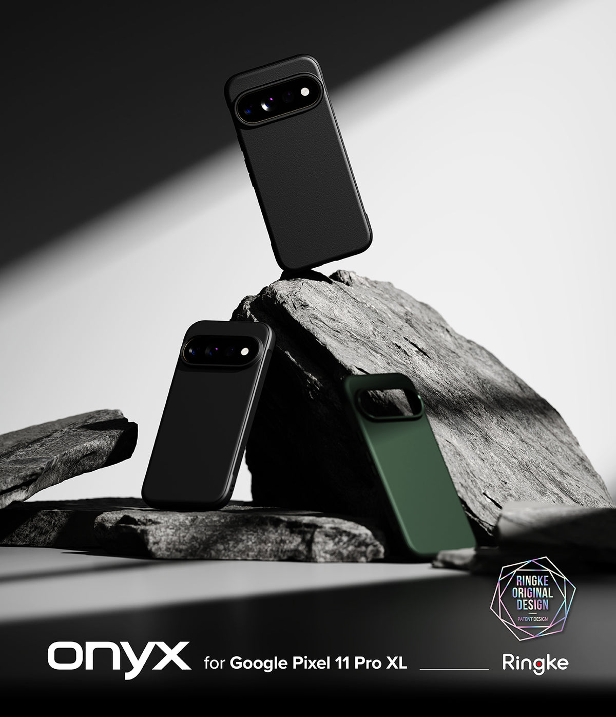 Google Pixel 11 Pro XL Case | Onyx - Three phone cases displayed on dark rocks in a styled studio setup. Two cases are matte black and one is dark green.