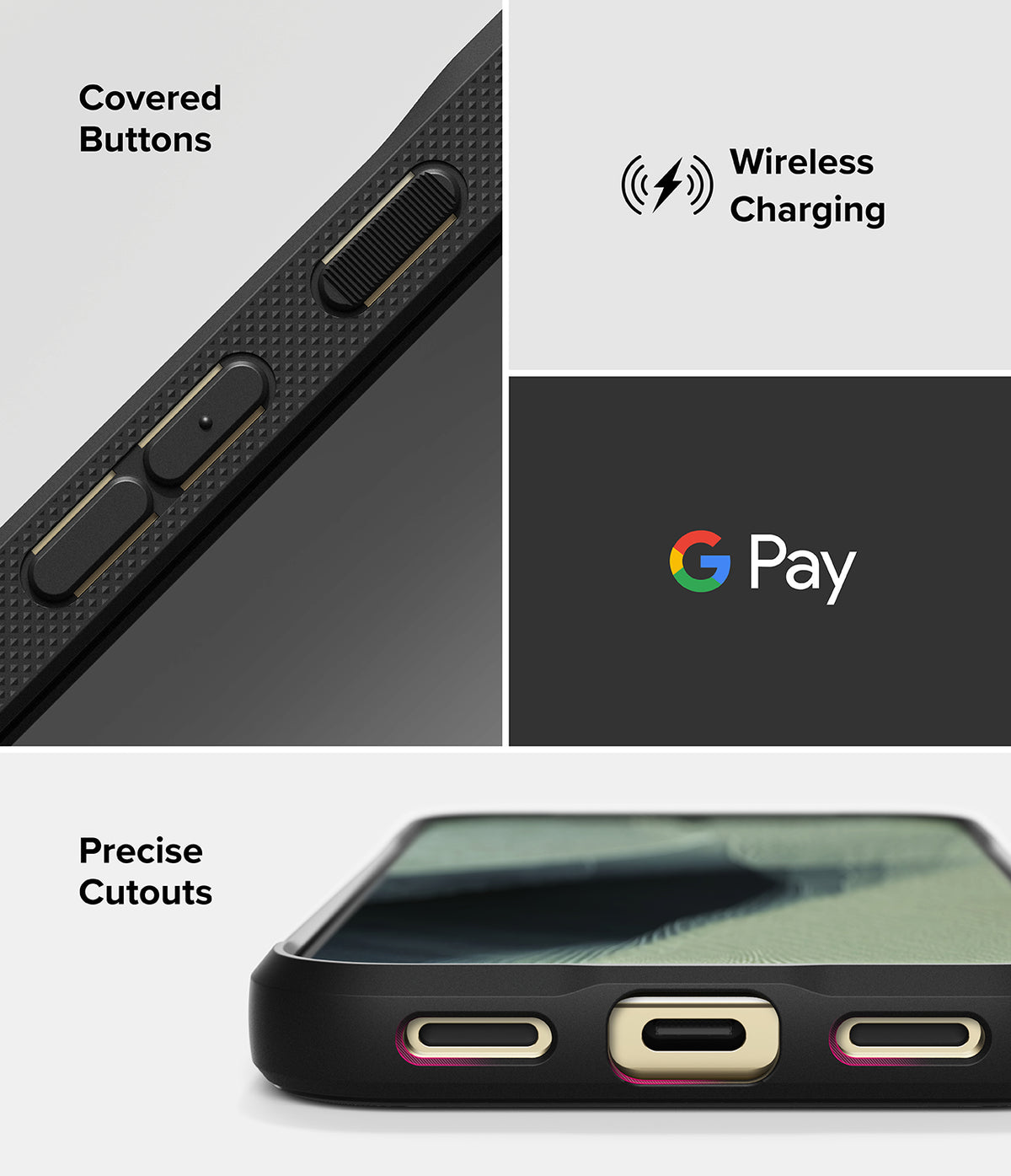 Google Pixel 11 Pro XL Case | Onyx - A black protective smartphone case shown in a three-panel feature graphic. The top-left panel shows covered buttons with text reading 'Covered Buttons.