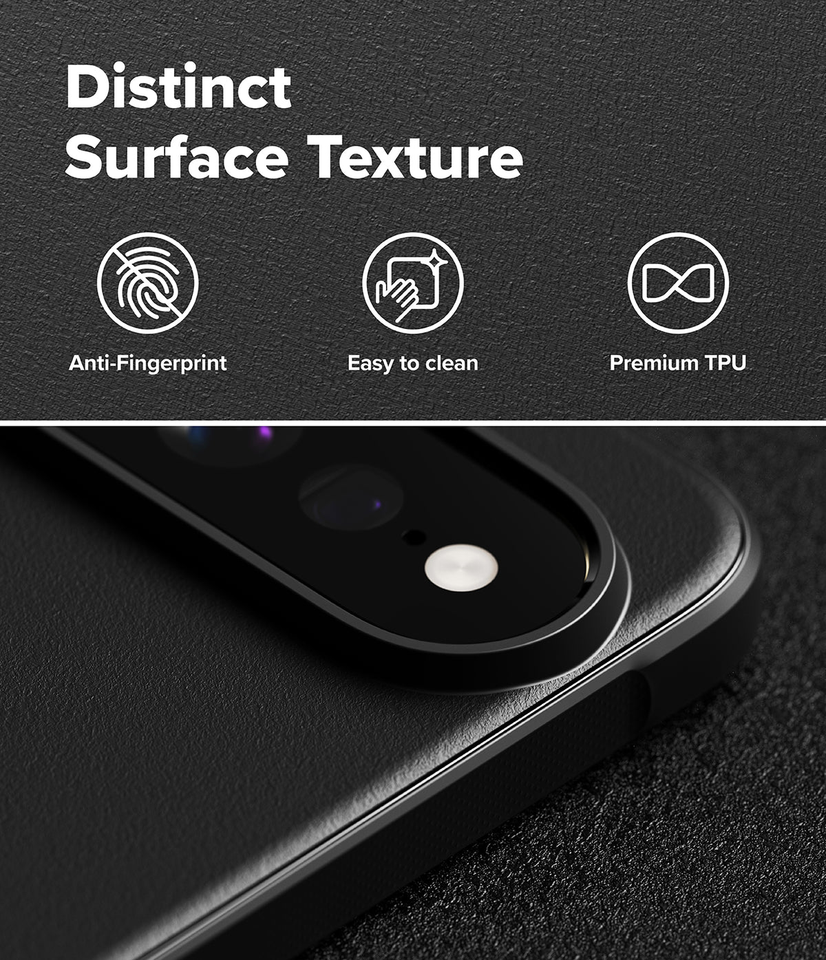Google Pixel 11 Pro XL Case | Onyx - Close-up of a black phone camera lens protector or case with a textured surface, shown with marketing text reading 'Distinct Surface Texture' and icons for anti-fingerprint, easy to clean, and premium TPU.