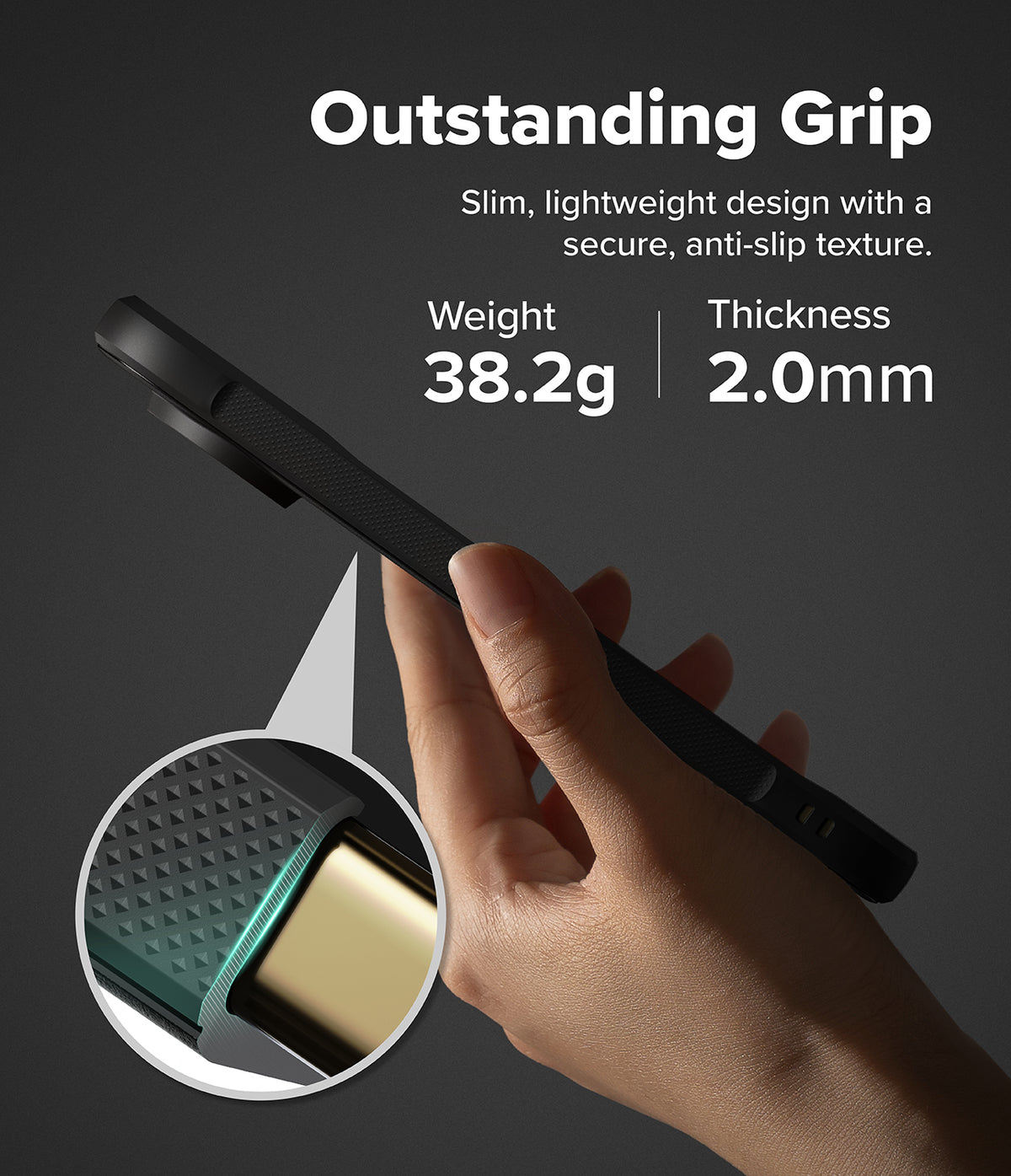 Google Pixel 11 Pro XL Case | Onyx - A hand holding a slim black smartphone case against a dark gray background, with text reading 'Outstanding Grip' and product specs: weight 37.6g and thickness 2.
