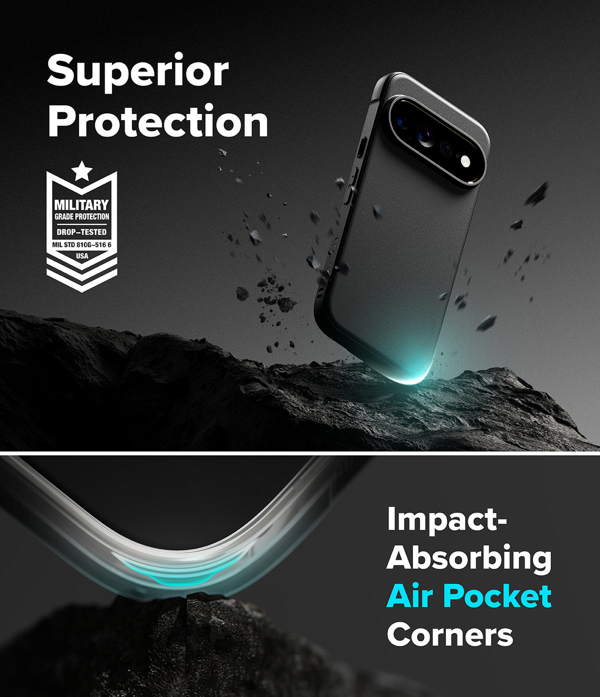 Google Pixel 11 Pro XL Case | Onyx - A dark gray smartphone case shown floating above a rocky surface with text reading 'Superior Protection' and 'Impact-Absorbing Air Pocket Corners.' The design includes a military impact-protection badge and a close-up of the curved corner showing a glowing teal air pocket effect.