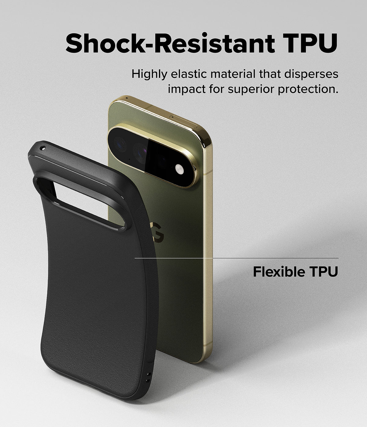 Google Pixel 11 Pro XL Case | Onyx - A black protective phone case shown from the back, with a gold smartphone inserted behind it to demonstrate shock resistance. The image includes marketing text reading 'Shock-Resistant TPU' and 'Flexible TPU' on a clean light gray background.