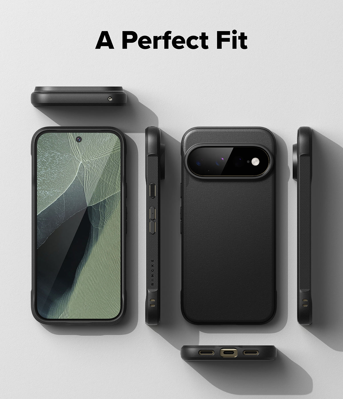 Google Pixel 11 Pro XL Case | Onyx - A black protective phone case shown from multiple angles on a light gray background, with the text 'A Perfect Fit' at the top. The views include the back with a large camera cutout, side profiles, and a front view with the phone screen visible.