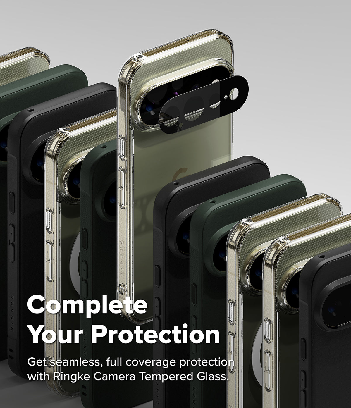 Google Pixel 11 Pro XL Case | Onyx - A group of smartphones shown from the back in multiple colors, with a black Ringke camera lens protector accessory attached to the central phone. White marketing text at the bottom reads, 'Complete Your Protection' and 'Get seamless, full coverage protection with Ringke Camera Tempered Glass.