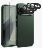 [Bundle] Google Pixel 11 Pro XL | Onyx (GRN) + Screen & Camera Protectors - Dark green phone case with a textured leather-like finish, shown alongside a clear tempered glass screen protector and black camera lens protectors on a light gray background.