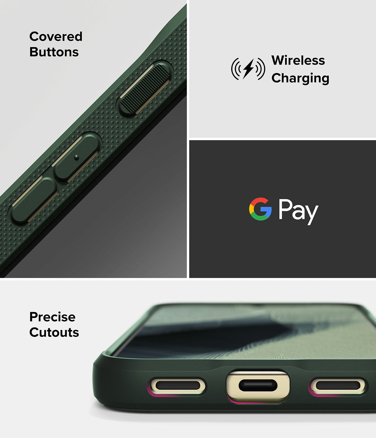 Google Pixel 11 Pro XL Case | Onyx - A black protective smartphone case shown in a three-panel feature graphic. The top-left panel shows covered buttons with text reading 'Covered Buttons.