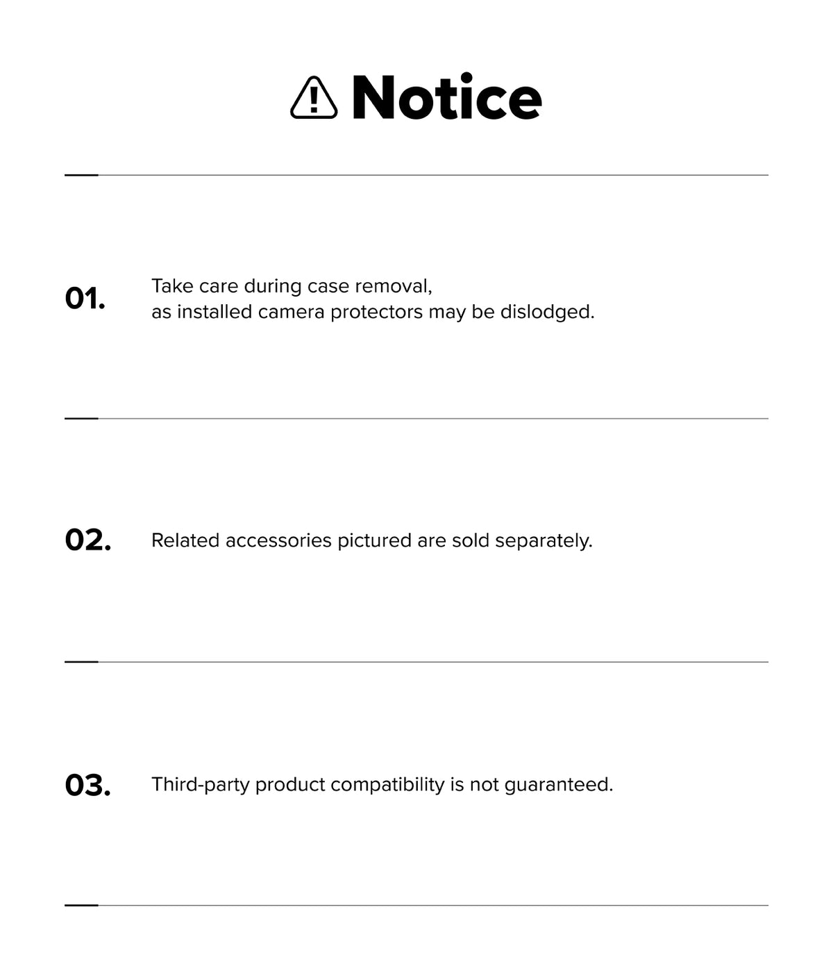 Google Pixel 11 Pro XL Case | Onyx - A white notice sheet with black text and lines, headed 'Notice' with a warning icon. The text lists three points about camera protector removal, sold accessories, and third-party product compatibility.