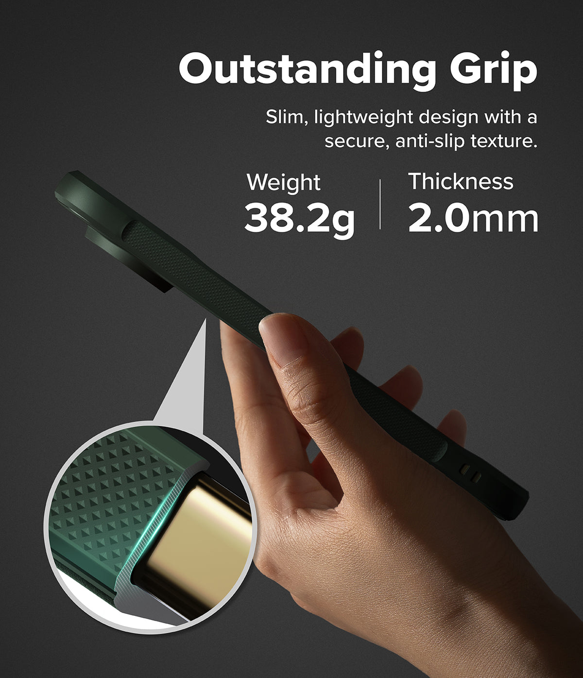 Google Pixel 11 Pro XL Case | Onyx - A hand holds a slim dark green phone case against a dark gray background, with marketing text reading 'Outstanding Grip' and feature callouts about weight and thickness. A circular inset shows a close-up of the textured grip and part of the phone inside the case.