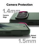Google Pixel 11 Pro XL Case | Onyx - A dark green phone camera protection case shown on a phone, with text overlays highlighting 1.4mm camera edge protection and 1.