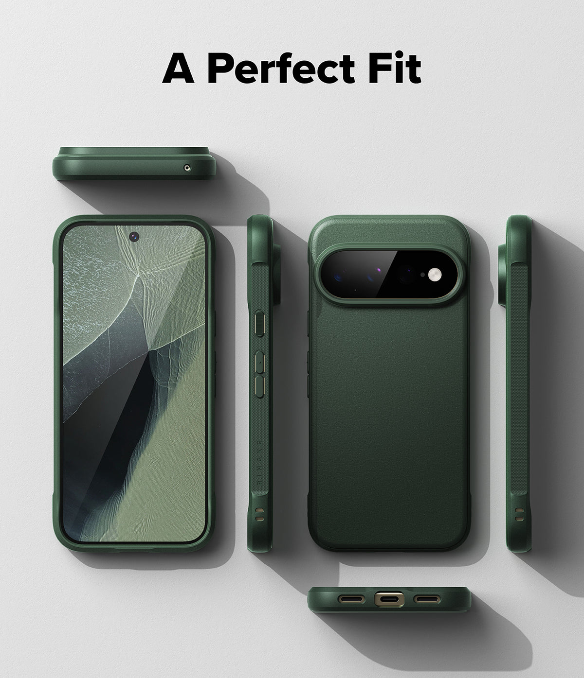 Google Pixel 11 Pro XL Case | Onyx - A dark green phone case shown from multiple angles on a light gray background, with the text 'A Perfect Fit' at the top. The views include the back of the phone in the case, side profiles, and a front view with the screen visible.