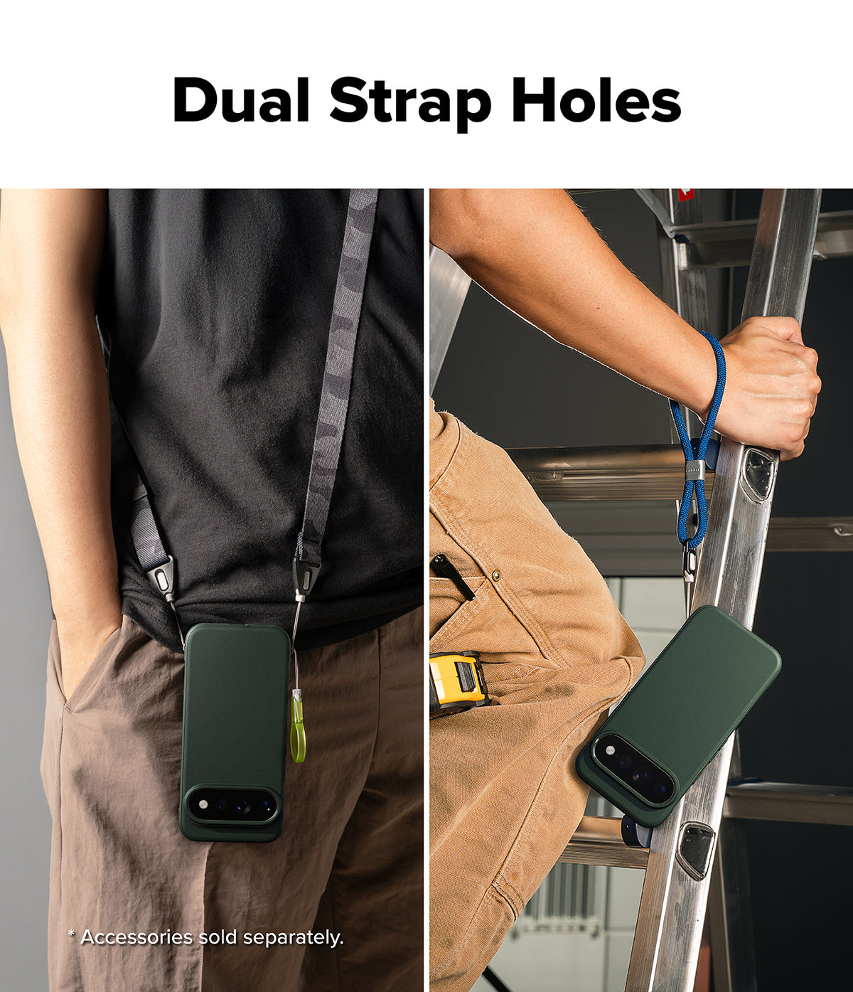 Google Pixel 11 Pro XL Case | Onyx - A split-panel product demonstration showing a dark green phone case with dual strap holes. The left panel shows the case hanging from a black strap worn by a person, and the right panel shows the case hanging from a blue strap while a person holds a ladder.