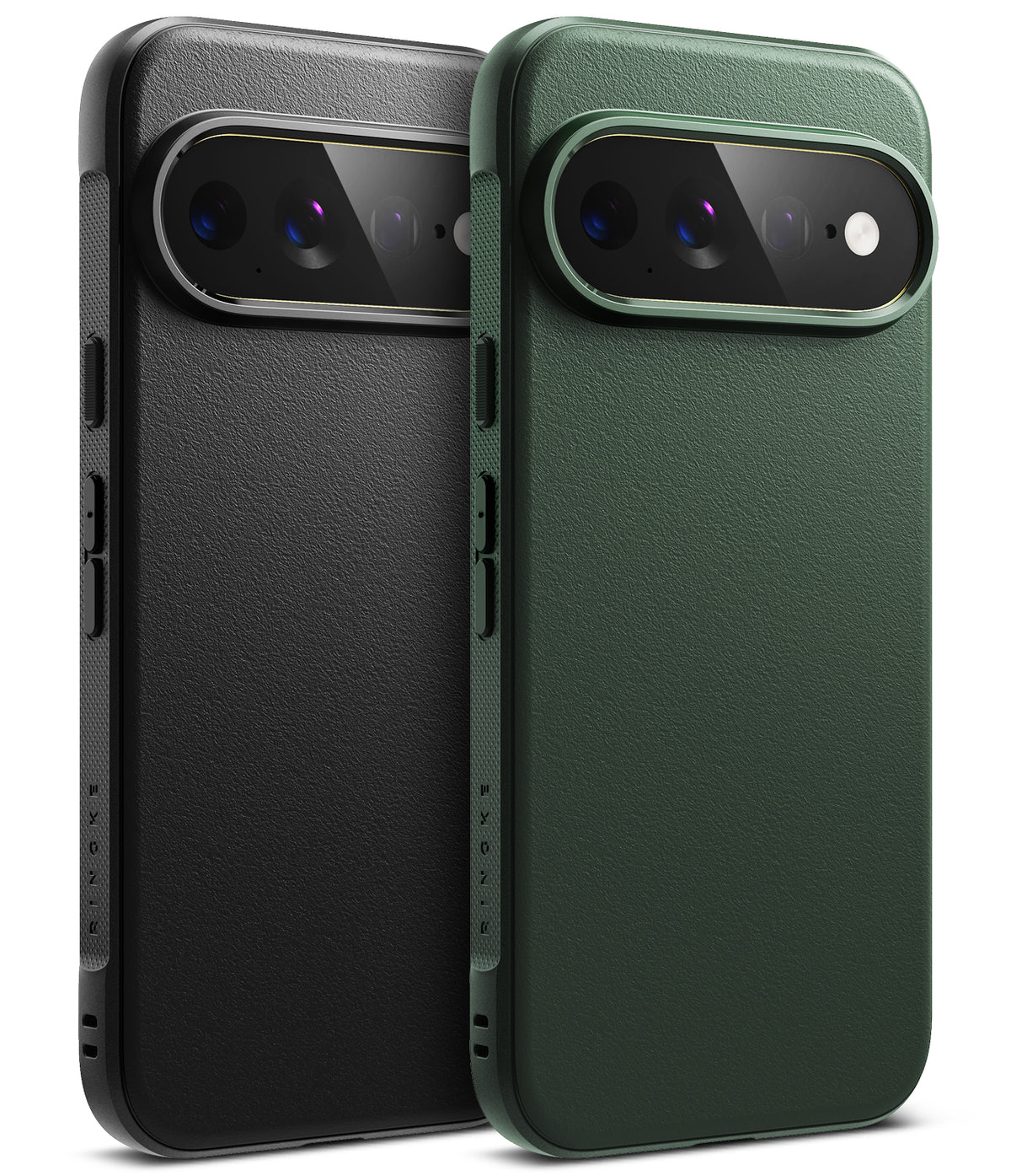 Pixel 11 Pro XL Case | Onyx - Two textured phone cases shown from the back, one in matte black and one in dark forest green, both with raised camera bezels, on a clean white background.