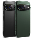 Pixel 11 Pro XL Case | Onyx - Two textured phone cases shown from the back, one in matte black and one in dark forest green, both with raised camera bezels, on a clean white background.